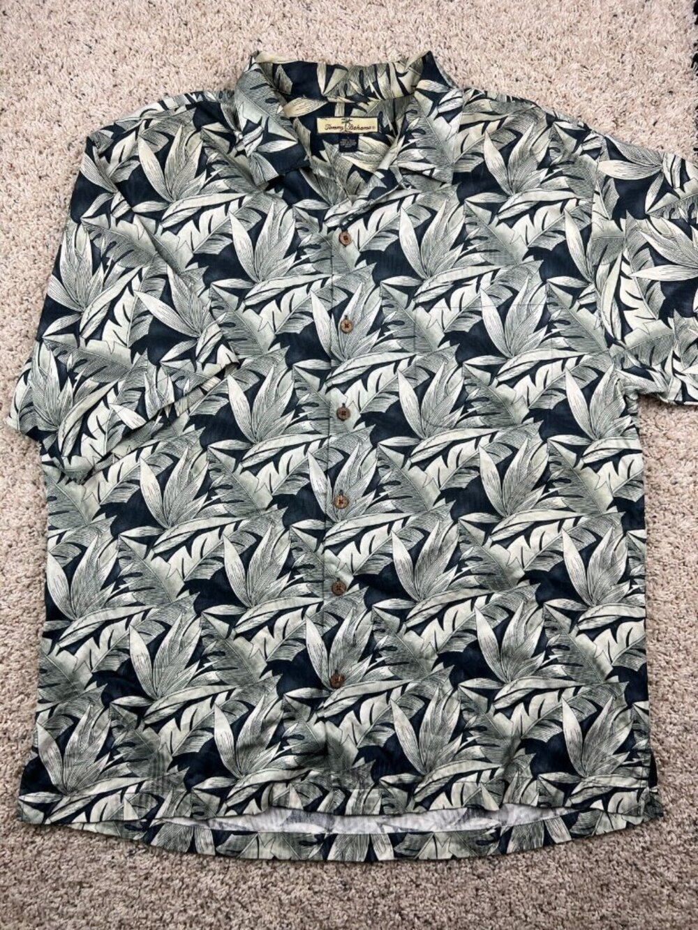 Tommy Bahama SILK Floral Hawaiian Camp Aloha Shirt Large Button Up Green Blue